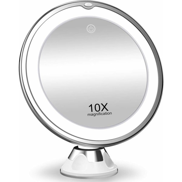 10X förstorande sminkspegel med lampor, 3 färgbelysning, smart switch, 360 graders rotation, kraftfull sugkopp, por
