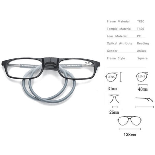 Högkvalitativa läsglasögon Tr Magnetisk absorption Hängande hals Funky Readers Glasögon 2,25 Förstoring brun svart