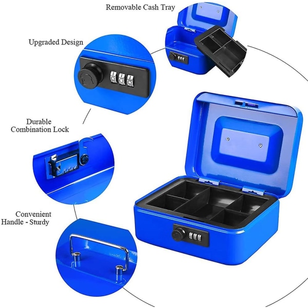 Lille pengekasse med kombinationslås Holdbar metalkasse med pengebakke Sort, 7,87 X 6,3 X 3,35 tommer Blue