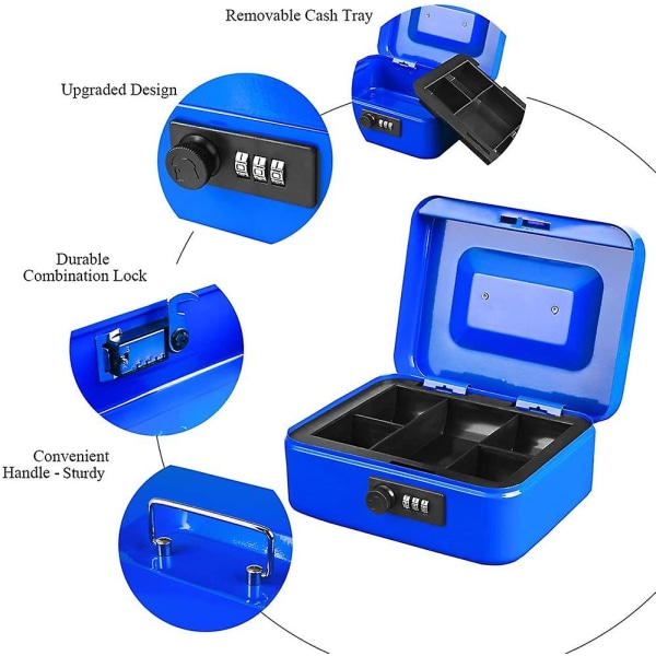 Liten kassalåda med kombinationslås Slitstark kassalåda i metall med pengafack Svart, 7,87 X 6,3 X 3,35 tum Blue