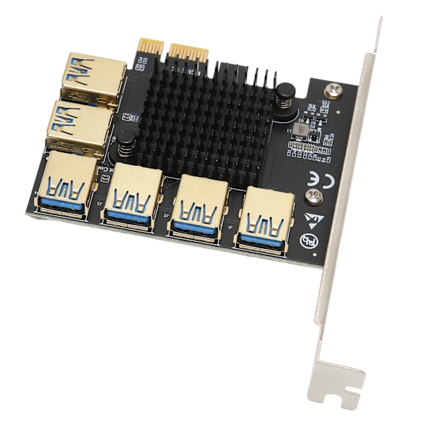 PCI E 1 til 6 Riser Kort Guldbelagt IC Køleplade Sort USB 3.0 til DOS Linux Windows