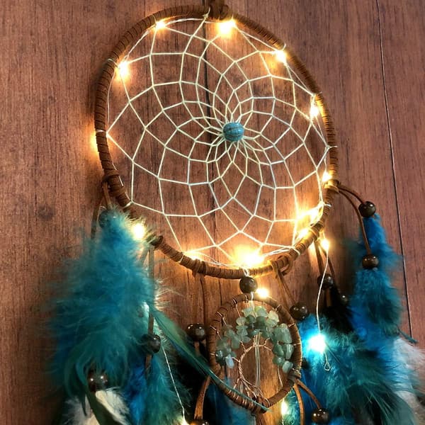 Dream Catcher Blue with Feathers and LED String Lights Handmade