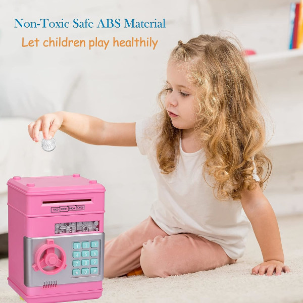Spargris, födelsedagsleksakspresent, elektronisk kassaautomat för riktiga pengar, stor spargris plastskåp, söta barnföremål (rosa+pengar),