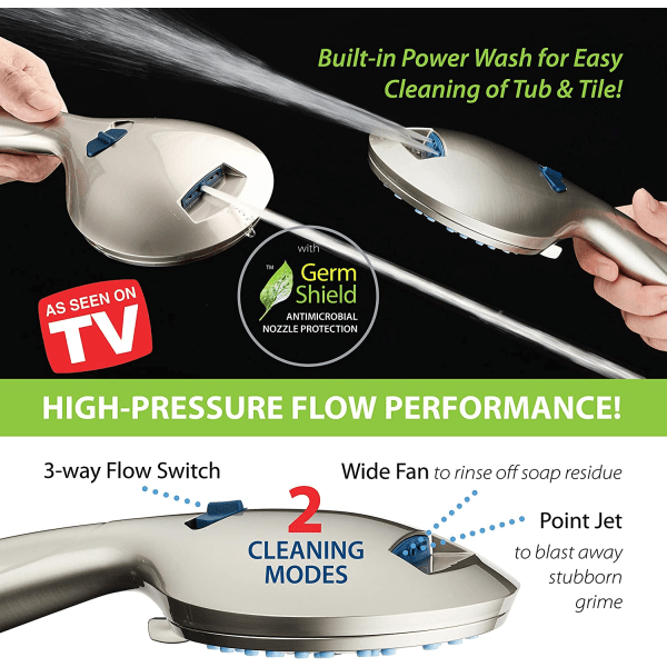 8-Mode High Pressure Handheld Shower Head - Clog-free spouts, built-in wash for cleaning tubs, tiles and pets, extra lon