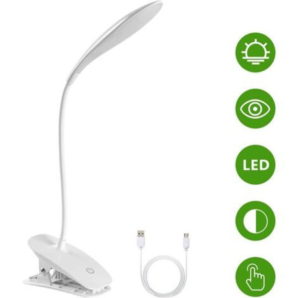 LED-pöytälamppu, USB ladattava Clip-on lukulamppu, 3 säädettävää värilämpötilaa ja kirkkautta sänkyyn, lapsi, Rea