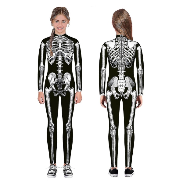 Halloween-skelettdräkt för barn och vuxna, bekväm Onesie Jumpsuit Black 135cm-140cm