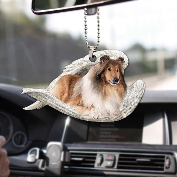 2D Rough Collie Sovende Englevinger for Hundelsker Gårdshus Bil Bakspeil Gave