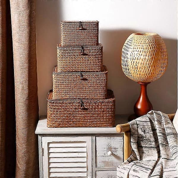 Woven Straw Storage Baskets with Lids - Set of 4 - Rectangular Seagrass Basket/Storage Basket for Shelf Organizer