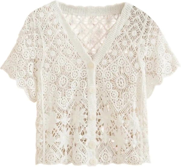 Cardigans i spetsstickning för kvinnor V-ringad kortärmad Boho virkade toppar Knapp ner ihålig avslappnad mode elegant blus White X-Large