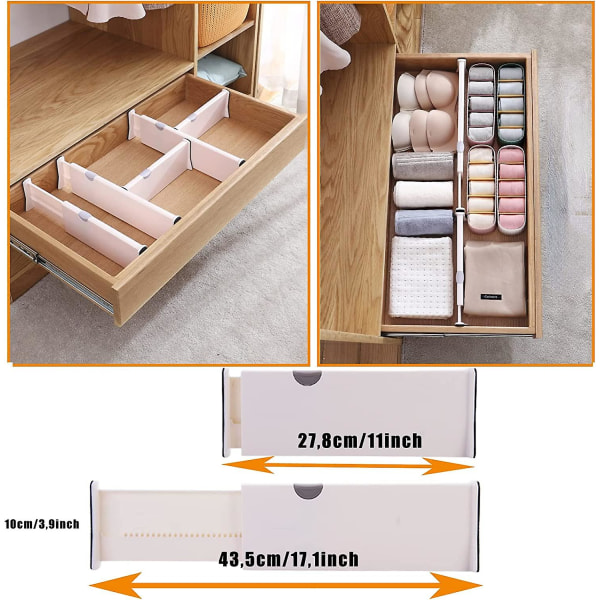 Laatikonjakajat (4 set ) Säädettävät laatikostot, (27,8 - 43,5 cm) Keittiön laatikonjakaja makuuhuoneeseen, baby vetolaatikkoon, toimistoon