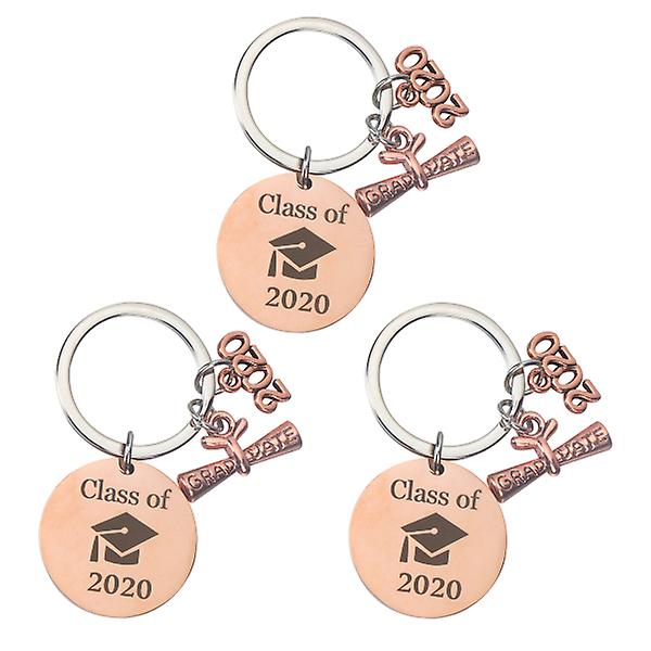 3 stk 2020 nøgleringe med dimissionstema Delikat, unikke nøgleringe i rustfrit stål Kreative eksamensgaver (rosaguld)