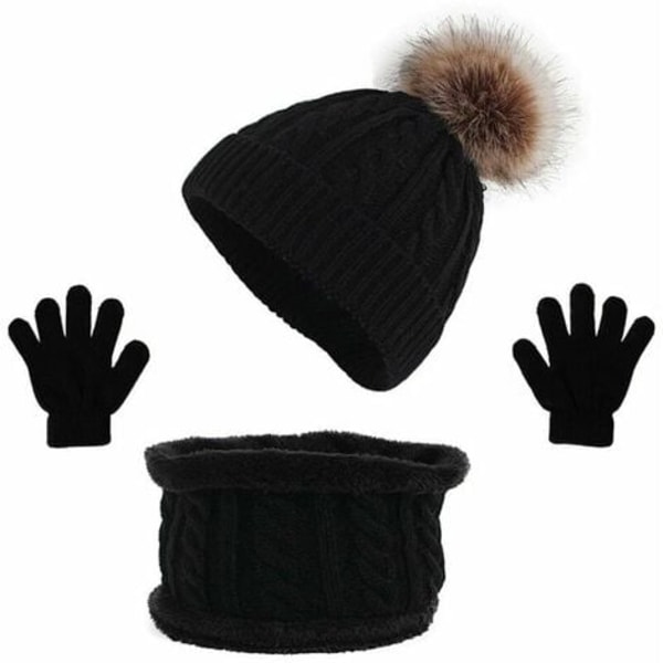 Lasten hattu, huivi, hanskat, kolmiosainen haalari, baby talvi lämmin haalari, musta - musta