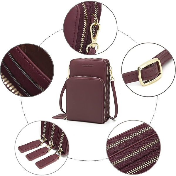 Lille crossbody mobiltelefon pung til kvinder, mini Messenger skulder håndtaske tegnebog med kreditkort slots A916-878 Wine Red