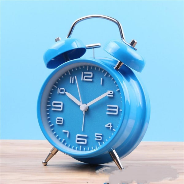 Klassisk tyst och icke tickande Quartz Dual Clock väckarklocka, lämplig för barn, batteridriven (exklusive batteri) -blå