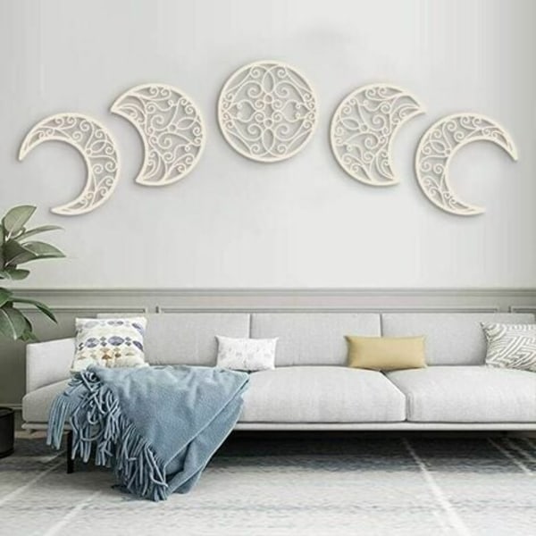 Månedekoration vægdekoration, måneaspekt vægdekoration (5 styk) Nordisk træ måneaspekt naturligt design interiør