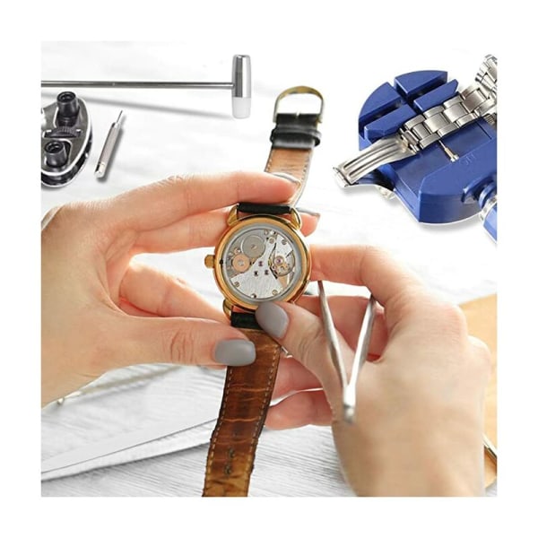 Kellon korjaussarja, kellon korjaustyökalut ammattikäyttöön tarkoitettujen jousitangon työkalusarja, kellohihnan kiinnitystappityökalusarja kantolaukulla,