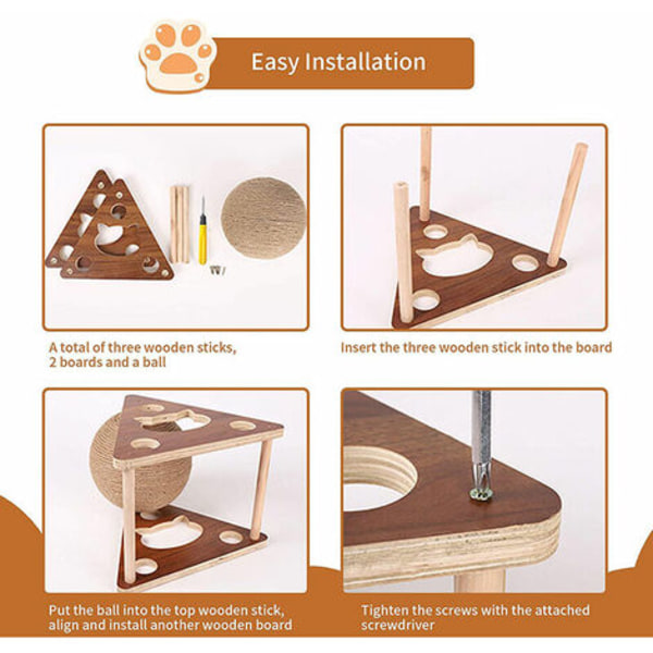 Wooden Cat Scratching Ball Sisal Rope Toy Pet Supplies Cat Tree Tower S 21x16x24cm