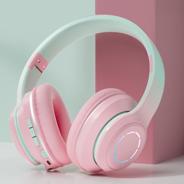 Bluetooth-hovedtelefoner med kraftig bas, støjreducerende, foldbare, gradient pink trådløse headset med lys til telefon og bærbar computer
