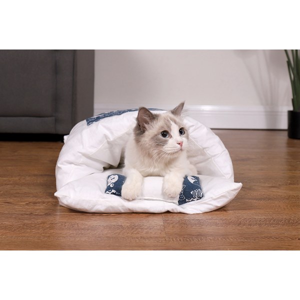 Djurmöbler, sovsäck för husdjur, stängd, avtagbar och tvättbar, marinblå katt (S)