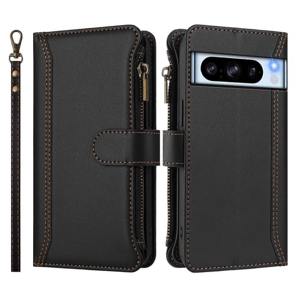 Magnetic Closure 9 Card Slots Zipper Leather Case with Hand Strap Black Black For Google Pixel 8 Pro
