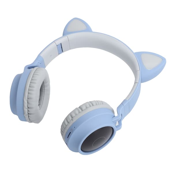 Katteøre Hodetelefon 3D LED-lys Trådløs Bluetooth 5.0 Sammenleggbart Headset med Mikrofon Grå Blå