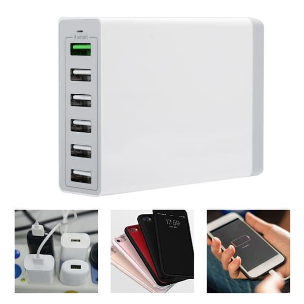 6-porters USB-reiselader Multifunksjonell Hurtiglading 100-240V EU Hvit Effektiv Beskyttelse