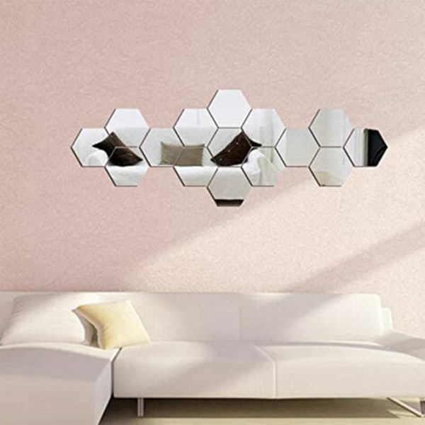 Sekskantede vægklistermærker, 12 stykker store aftagelige akryl spejl vægklistermærker til hjemmet Stue soveværelse indretning, Silv