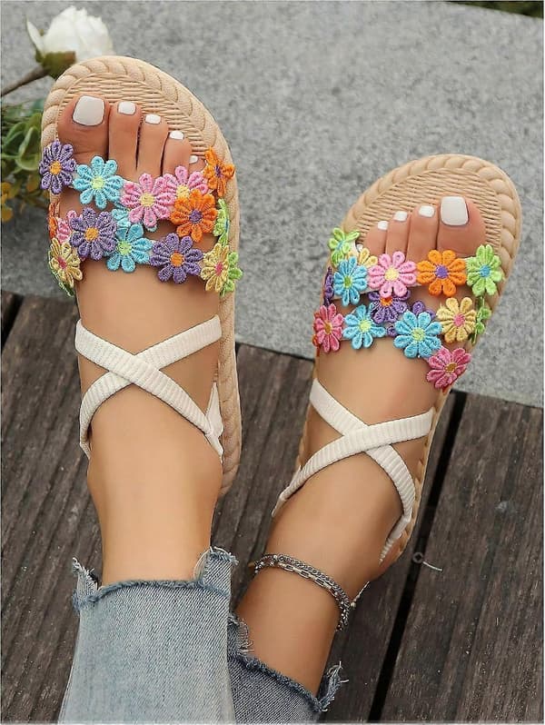 Sommerblomstrede flade sandaler til kvinder, elegante sandaler med åben tå og elastisk ankelrem til ferie Multicolor 8