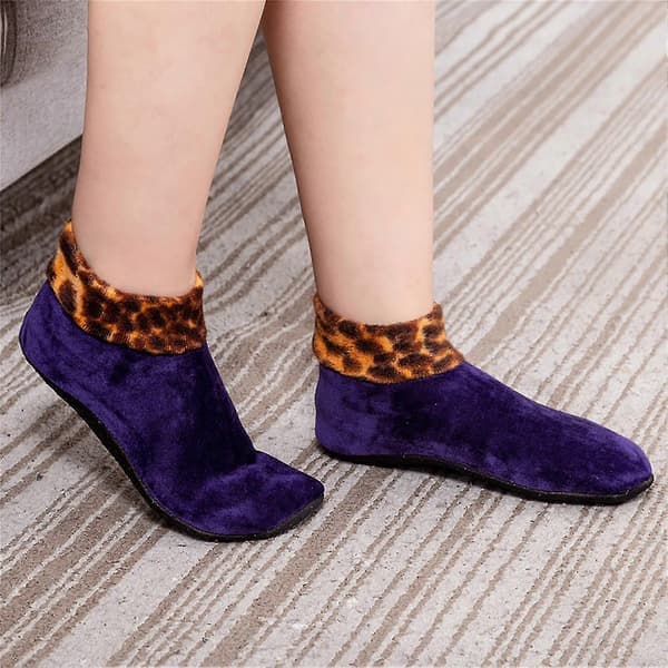 Dobbeltlags kvinders plysforing tykke bundtøfler leopardprint patchwork jordsokker Black