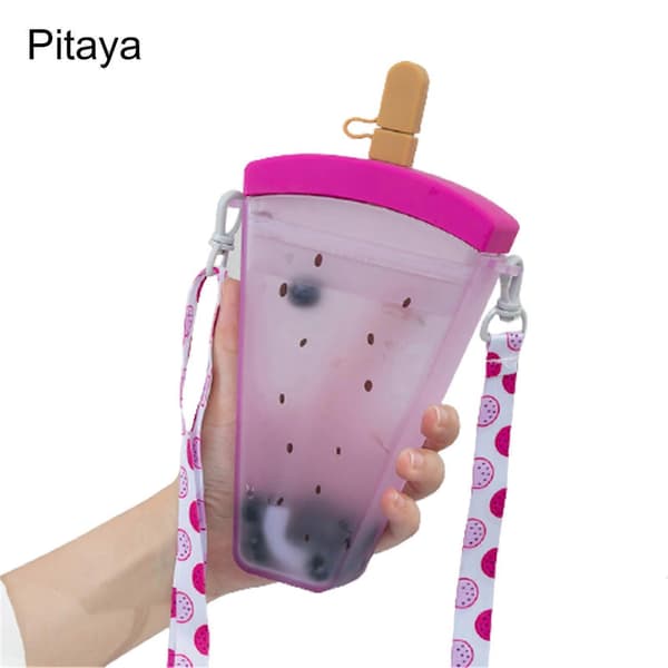320 ml Large Capacity Water Bottle, Orange, Hanging Strap, Fruit Design, Watermelon, Plastic Strap, Straw, Water Cup for Summer