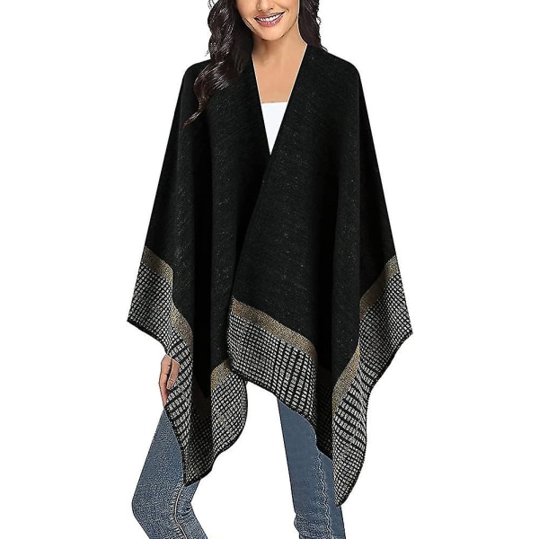 Dam Snygg Open Front Cape Oversize stickad sjal Wrap för kvinnor Black2