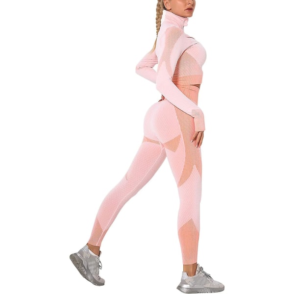 Træningsdragt til kvinder 2 stykker sæt højtaljede leggings og langærmet crop top yoga aktivtøj med lynlås foran Pink L