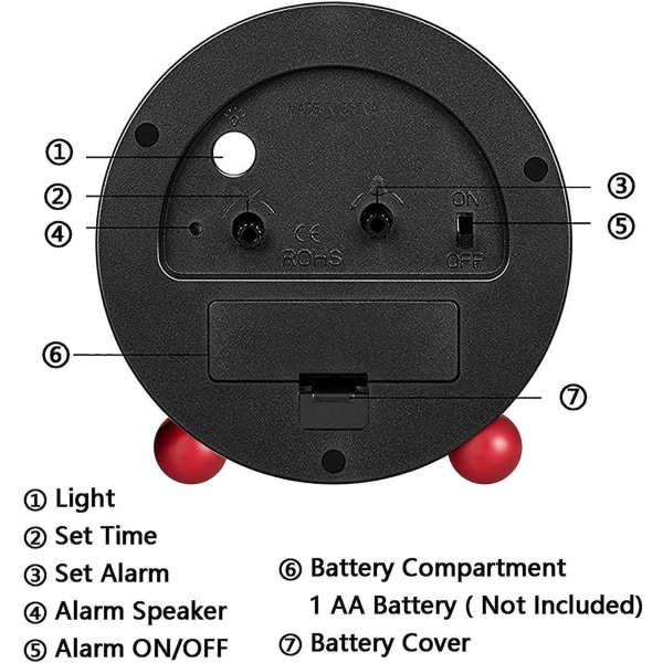 Analog väckarklocka, 4-tums supertyst, icke-tickande liten klocka med nattljus, batteridriven, enkelt design, för sovrum, säng, skrivbord Red