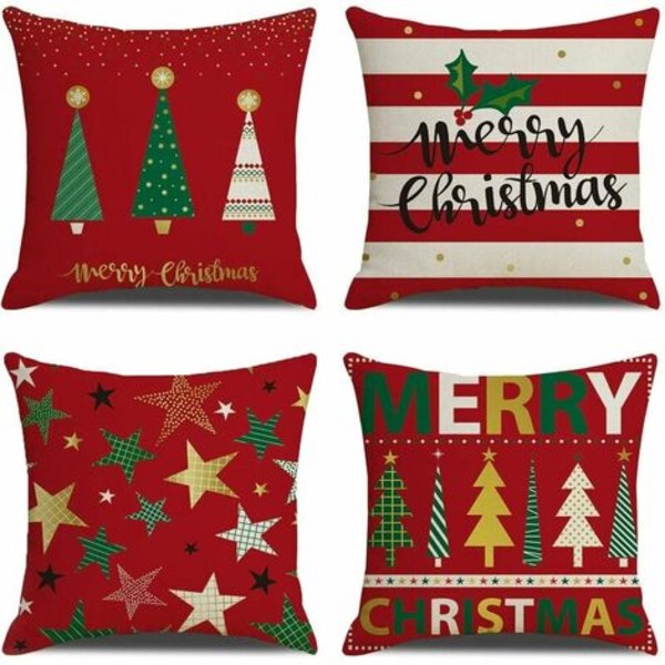 Christmas Cushion Covers, 18 x 18 inch Linen Pillow Cases Christmas Decorations for Couch Sofa Bed Red Home Decor Set of