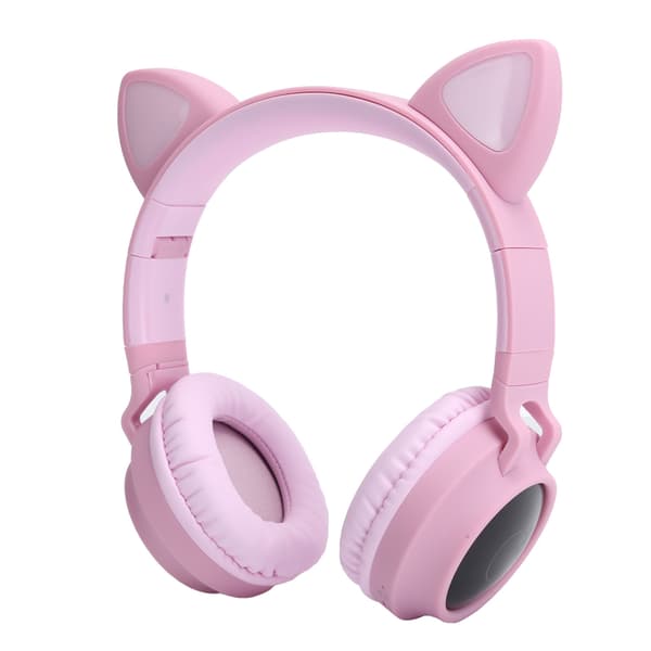 Kattekro Hodetelefon 3D LED Lys Trådløs Bluetooth 5.0 Sammenleggbart Headset med Mikrofon Rosa