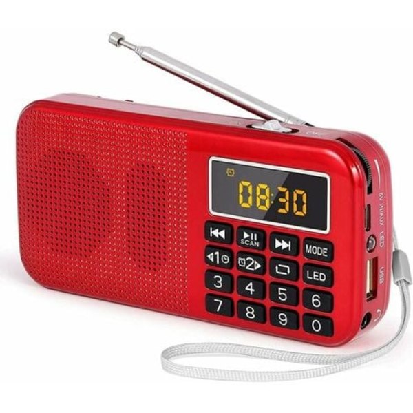 Kannettava radio, FM-radio suurella ladattavalla akulla (3000 mAh), MP3 / SD / USB / AUX-tuki, punainen