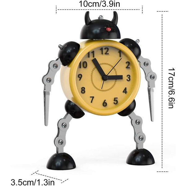 Robotvækkeur, rustfrit metal ikke-tikkende vækningsur med øjenlys og håndklemme, bedste gave til børn (sort gul)