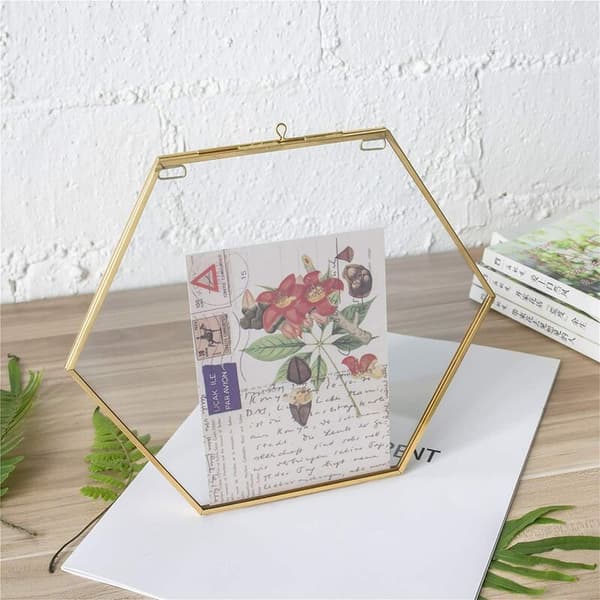 Hængende sekskantet herbarium messingglasramme til pressede blomster, tørrede blomster, dobbeltglas, flydende rammestil