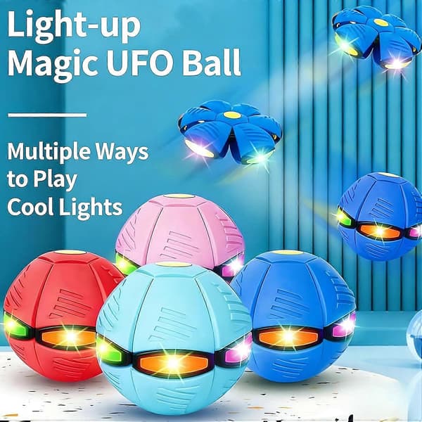 Fling Ball, Magisk Studsboll med 6 LED-lampor, 2-i-1 Flygande Tefatsboll, Pop-Up Transform, Explosionssäker Macaron Blue With flash