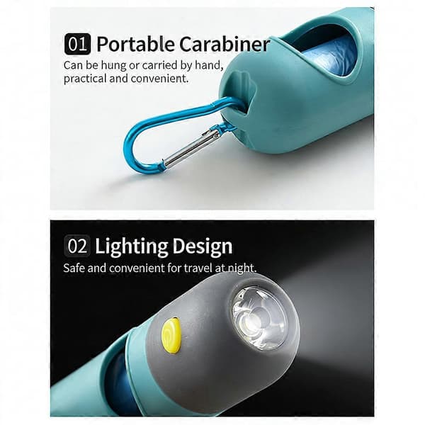 Hundeavfallsposeholder med lommelykt, USB oppladbar, avfallsposedispenser for bånd, inkluderer 1 rull ekstra tykke poser Blue