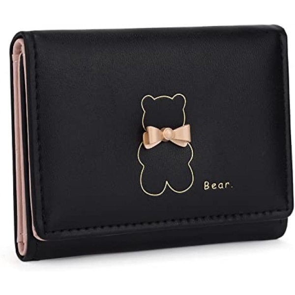 Kawaii-lompakko tytöille Söpö karhu, vegaaninen nahkainen organizer, pieni kolminkertainen naisten kukkaro, bowknot Bear Off A916-803 Black