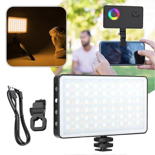 LED Selfie-lys med klips - Bærbart RGB-videolys, genopladeligt og dæmpbart panellampe til iPhone og smartphonetilbehør Black