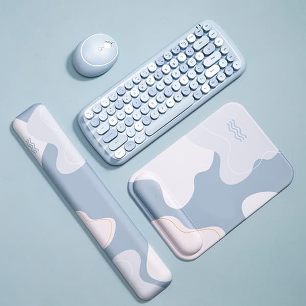 Ergonomisk silikone tastatur musemåtte sæt med memory foam håndledsstøtte blå rektangel