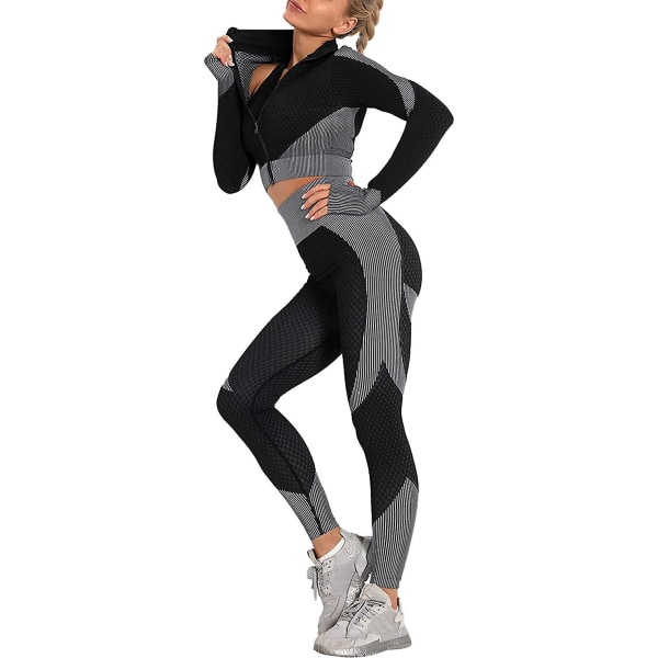 Træningsdragt til kvinder 2 stykker sæt højtaljede leggings og langærmet crop top yoga aktivtøj med lynlås foran Black White Xl