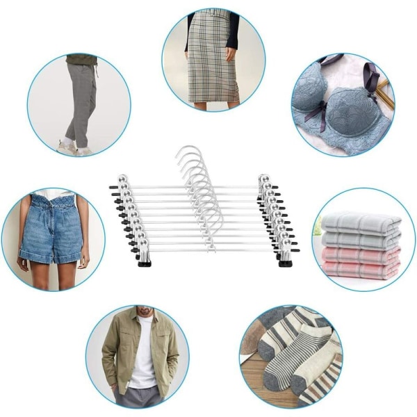 Sæt med 10 metalbuksereoler med to 360° justerbare skridsikre clips til bukser, nederdele og sokker.
