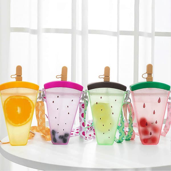 320 ml Large Capacity Water Bottle, Orange, Hanging Strap, Fruit Design, Watermelon, Plastic Strap, Straw, Water Cup for Summer