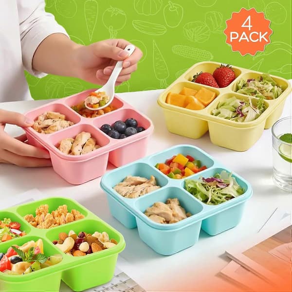 Bento Box Adult Lunch Box - 4-pack, 4-Compartment Snack Containers Reusable Lunch Boxes Stackable BPA-Free Lunch Containers for Home, Work Pink, Green, Yellow, Grass Green