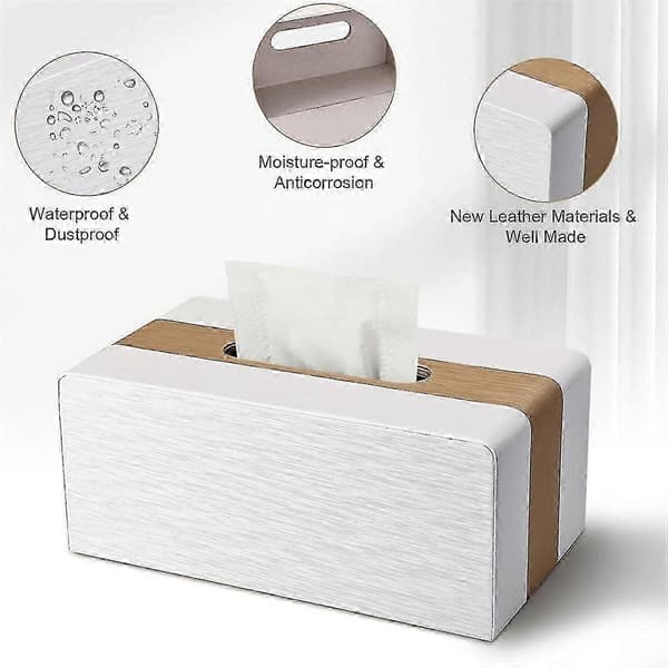 Issue Box Cover, PU Leather Tissue Box Cover Rectangular Tissue Holder for Home/Office/Car Decor (Shikai) Vit träfärg