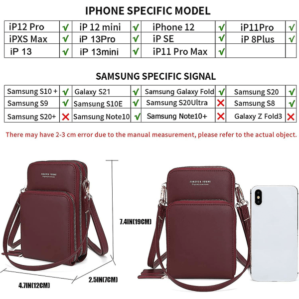 Lille crossbody mobiltelefon pung til kvinder, mini Messenger skulder håndtaske tegnebog med kreditkort slots A916-878 Wine Red