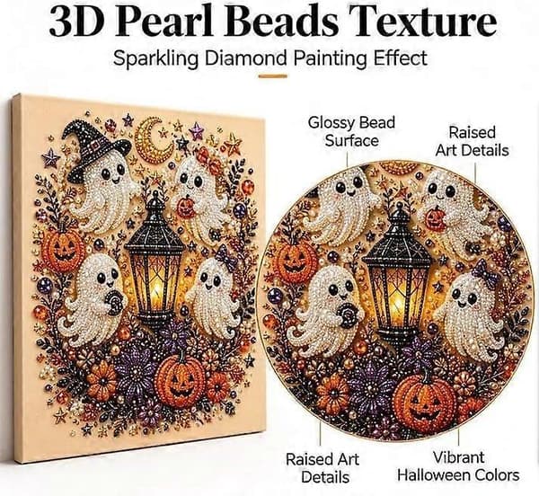 Halloween Spøgelse Perlekunst DIY-sæt, 3D Diamantmaleri-sæt med Ramme (#D) | Afslappende og Stressreducerende Håndværk, Spooky-Sød Efterårs Boligindretning #E